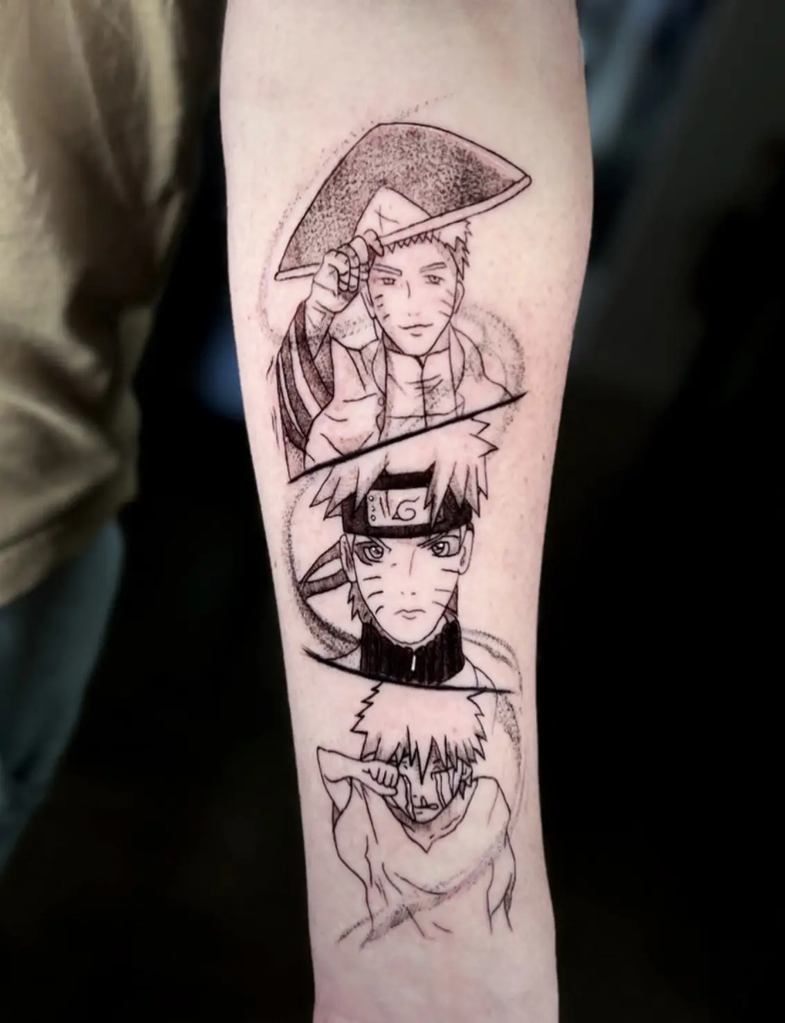 Naruto evolution tattoo showing character growth stages by Sara at Omnia Tattoo Melbourne
